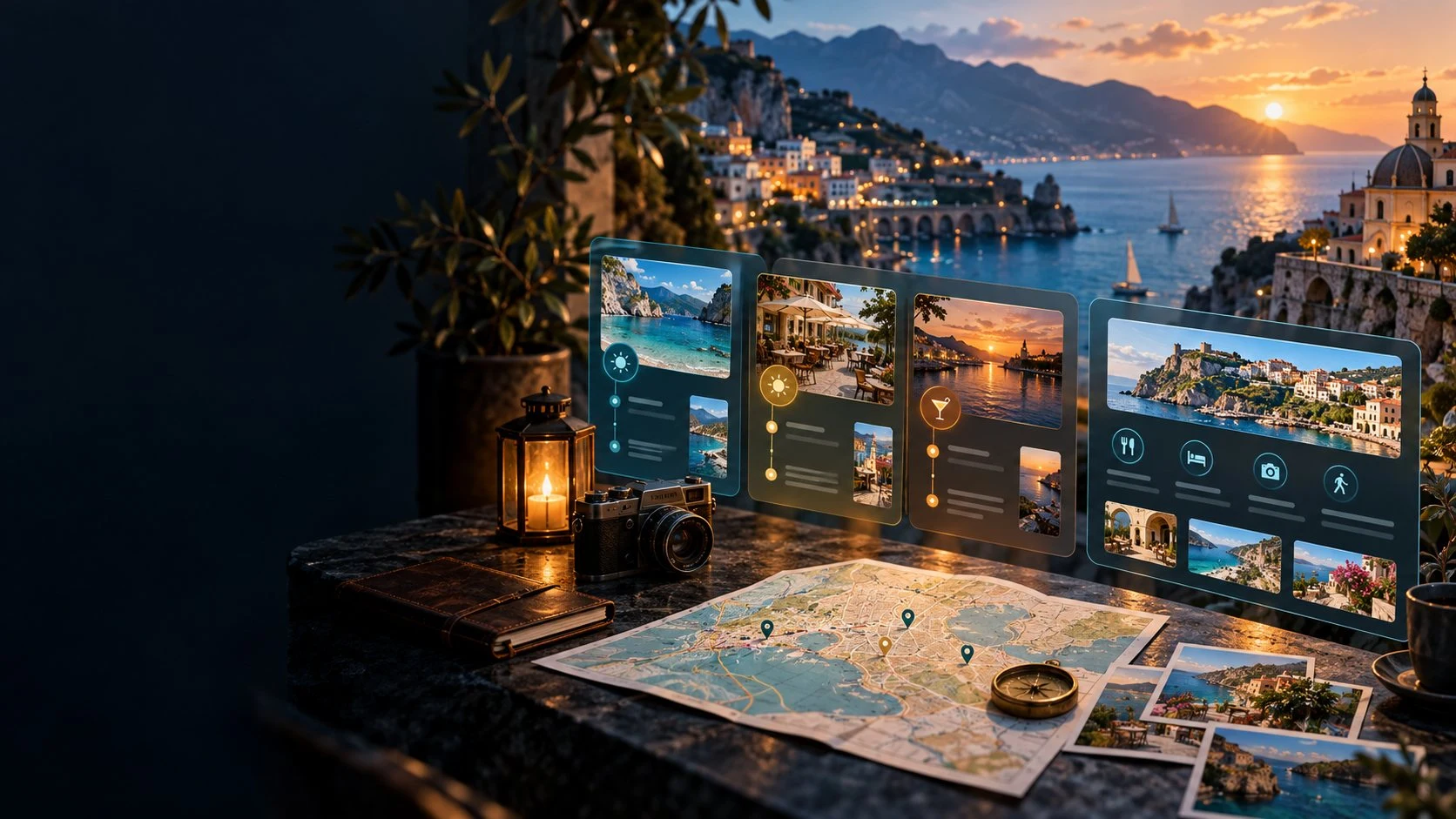 Illustrative travel destination overview used as product artwork, not a photograph inside a guide.